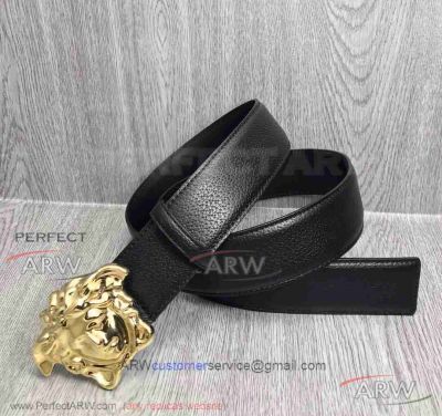 AAA Replica Versace Black Litchi Belt - Yellow Gold Medusa Buckle